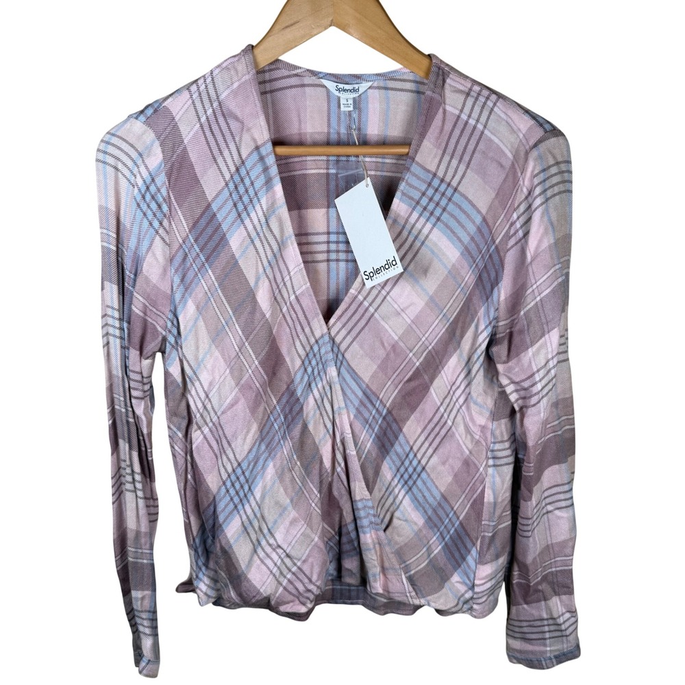 NWT Splendid Surplice‎ Backyard Plaid Top Womens Small Mauve Blue Academia Wrap